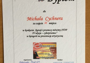 Dyplom dla Michała Cychnera