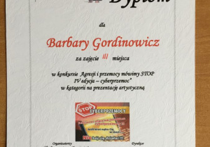 Dyplom dla Barbary Gordinowicz
